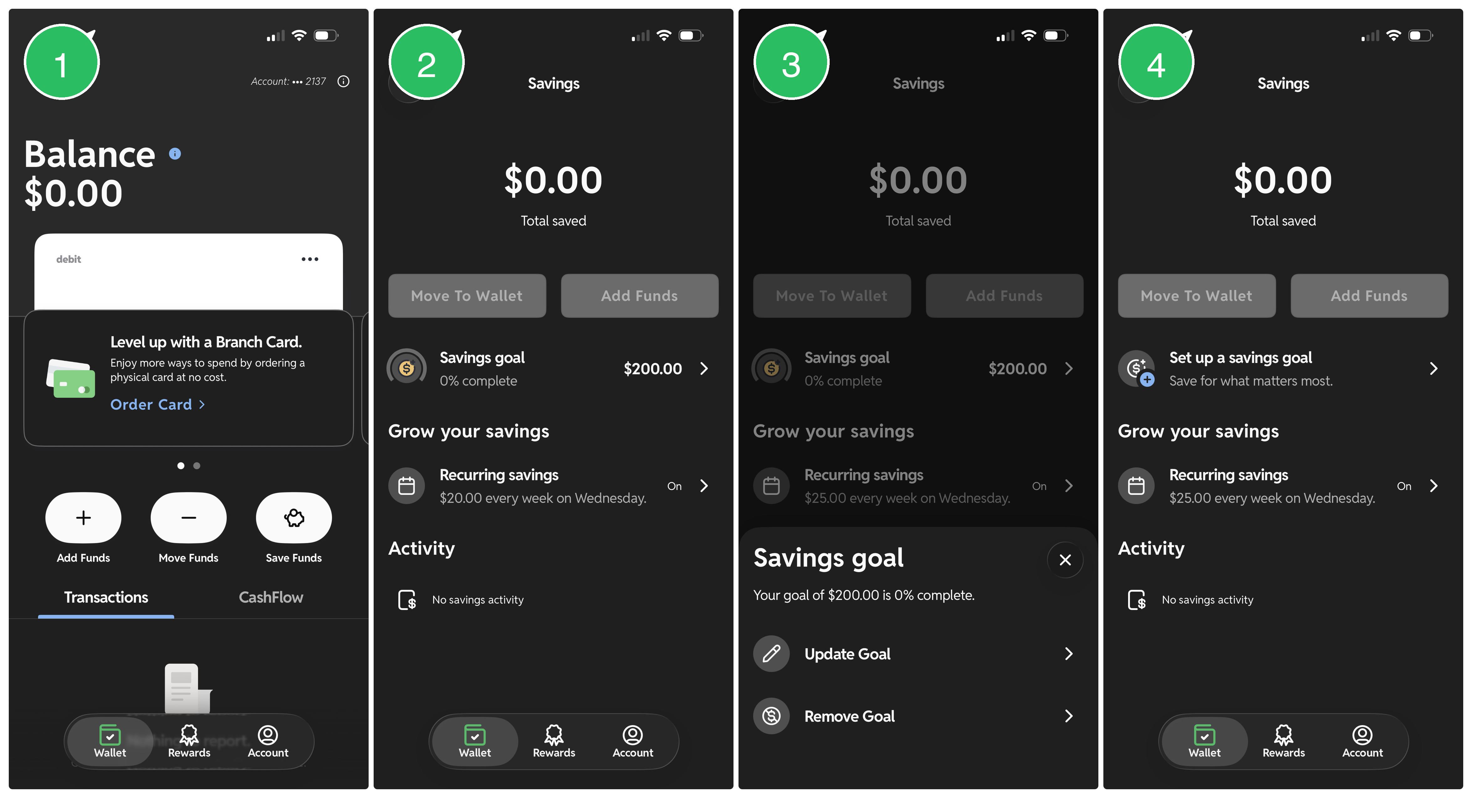 Four step screenshot sequence showing how to remove a Savings Goal in the Branch App: the Wallet tab, the Savings page, the Savings Goal sheet with Remove Goal, and the Savings page after removal showing a "Set up a savings goal" prompt.