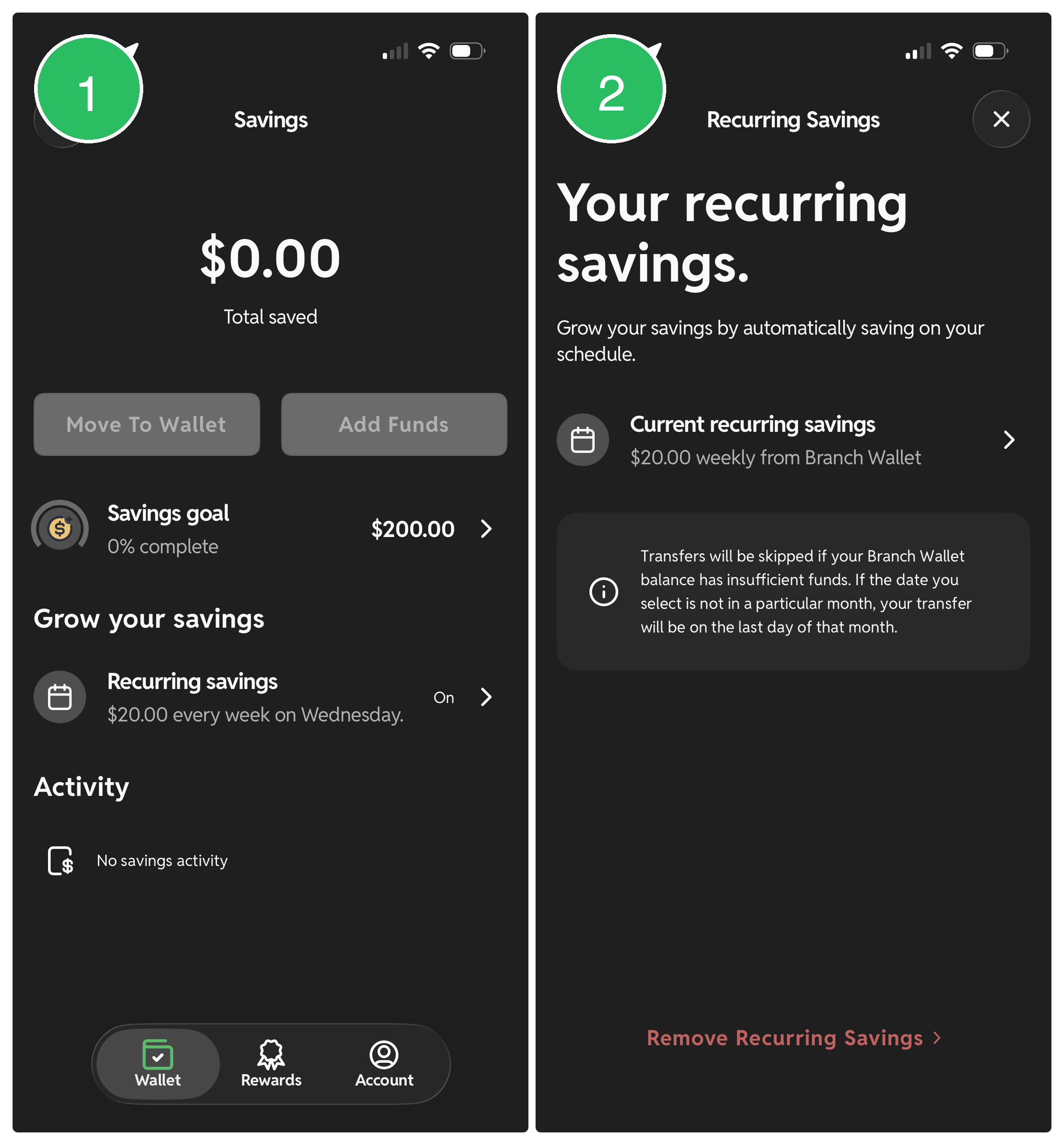 Two step screenshot sequence showing how to edit or turn off Recurring Savings in the Branch App: the Savings page with the Recurring Savings row and the Recurring Savings detail screen with the Remove Recurring Savings link.