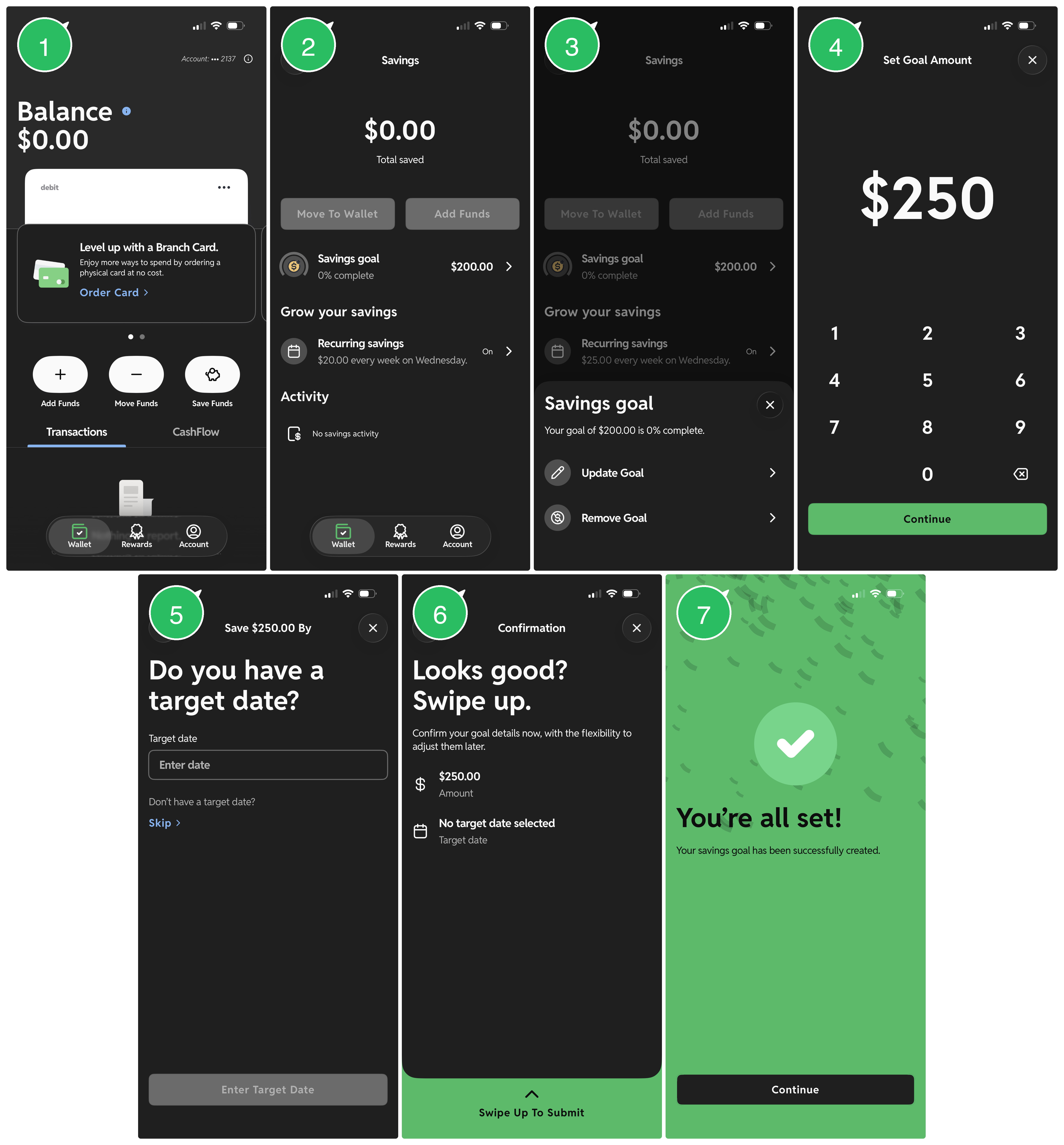 Seven step screenshot sequence showing how to add to a Savings Goal balance in the Branch App: the Wallet tab, the Savings page, the Savings Goal sheet with Update Goal, the Set Goal Amount screen, the target date screen, the confirmation screen, and the success screen.