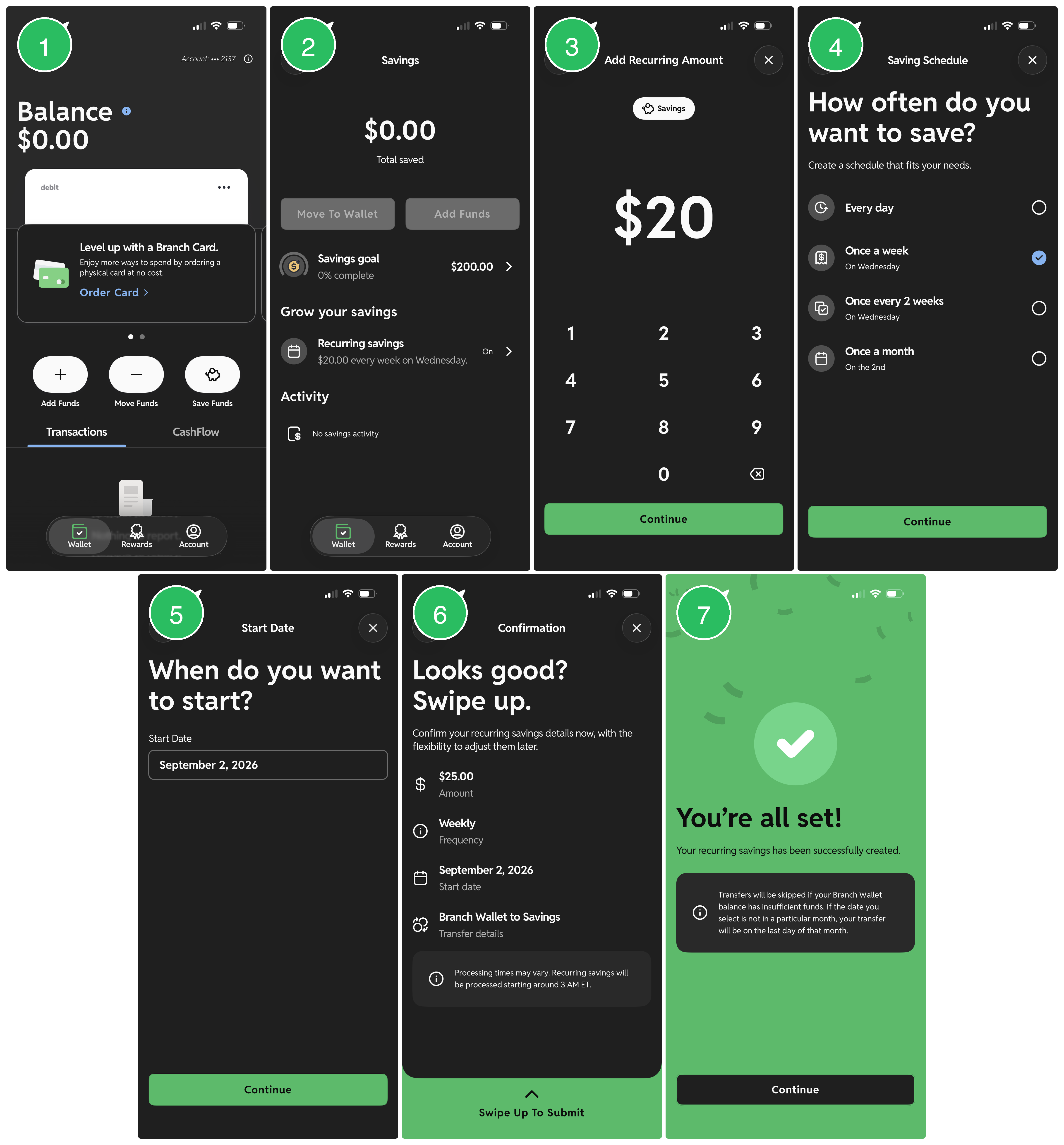 Seven step screenshot sequence showing how to set up Recurring Savings for a Savings Goal in the Branch App: the Wallet tab, the Savings page, the Add Recurring Amount screen, the Saving Schedule screen, the Start Date screen, the confirmation screen, and the success screen.